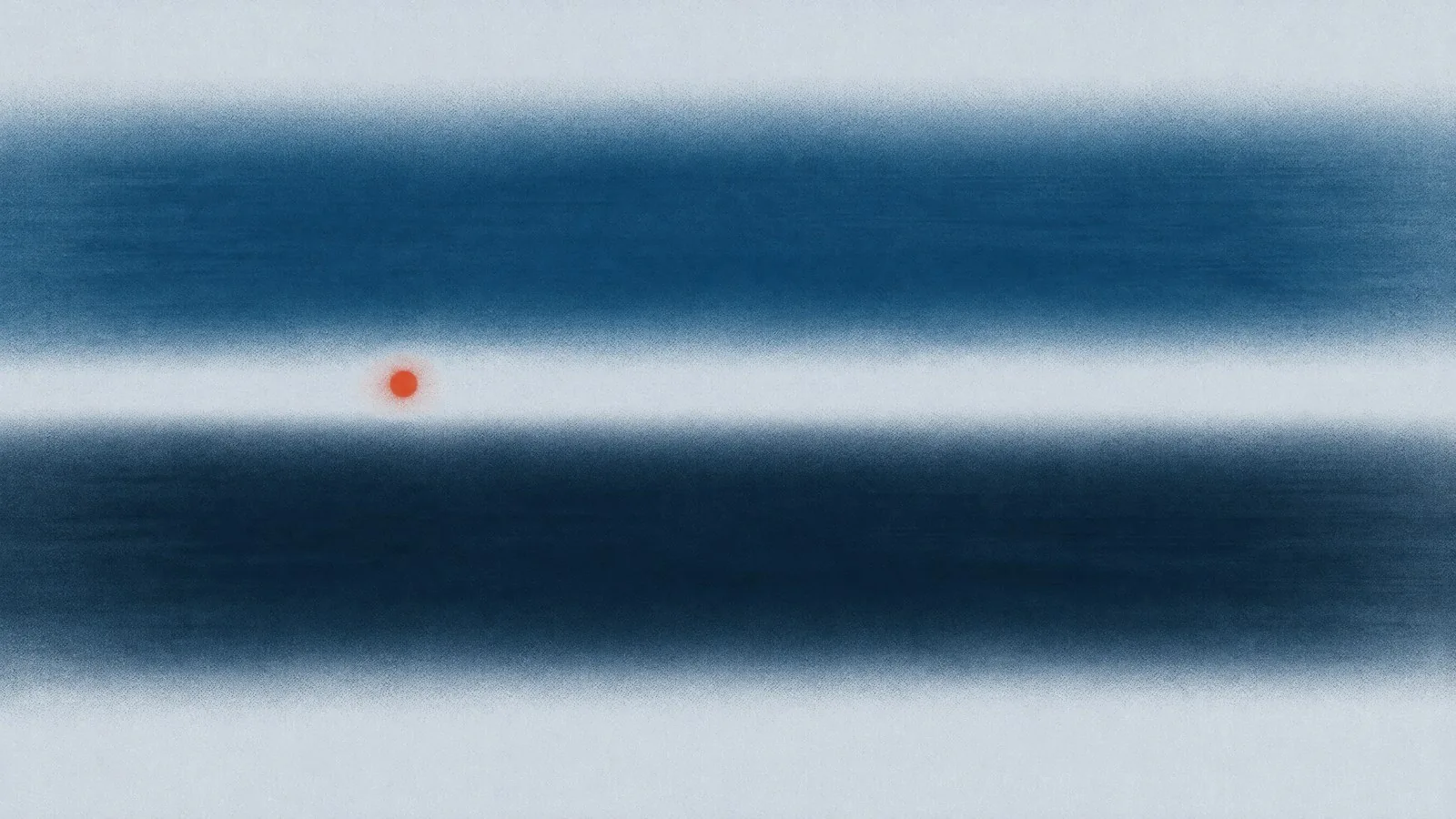Abstract cover illustration for GP versus online weight management: two soft horizontal bands, blue above dark navy, with an orange dot in the gap between them.