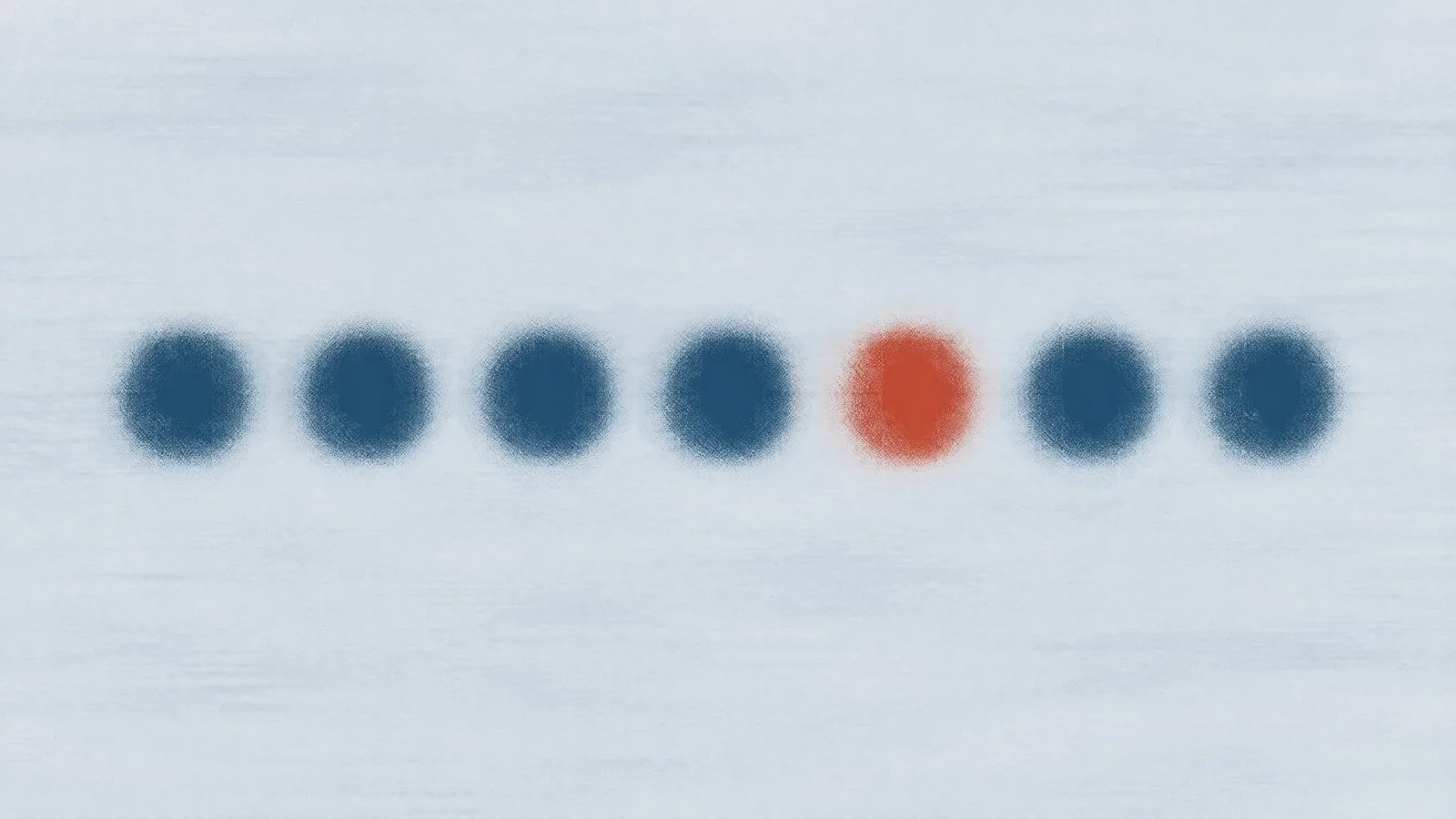Abstract cover illustration for a week-by-week treatment timeline: seven soft blue dots in one level row across a pale grey ground, with the fifth dot in orange.
