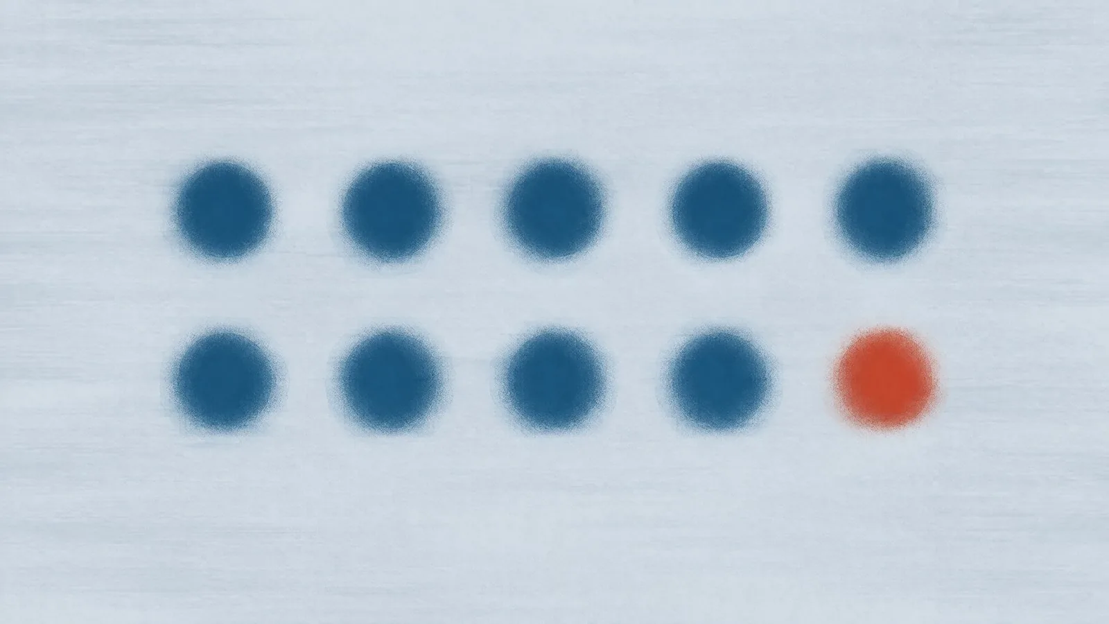Abstract cover illustration for the ten numbers to know before a weight goal: two level rows of five soft dots across the centre, nine blue and the last one orange, on a pale grey ground.
