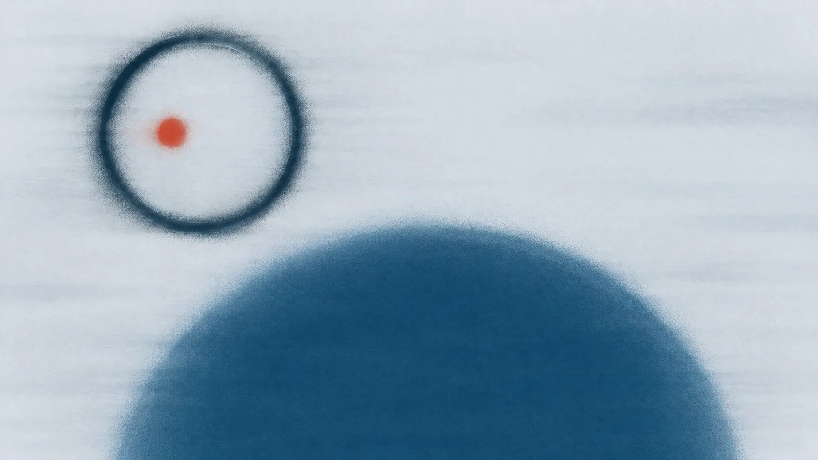 Abstract cover illustration for orforglipron (Foundayo) for men: a soft blue circle rising from the bottom edge beneath a thin dark ring holding an orange dot.