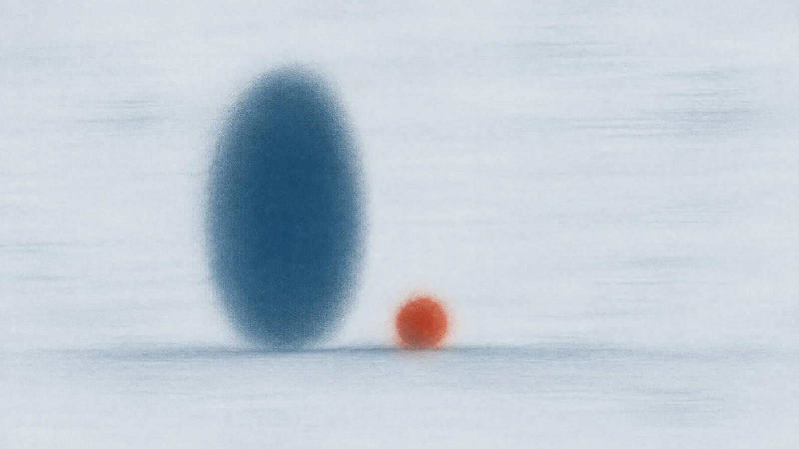 Abstract cover illustration for protein shakes and weight loss: one upright soft blue oval with a small orange dot at its base, on a pale grey ground.