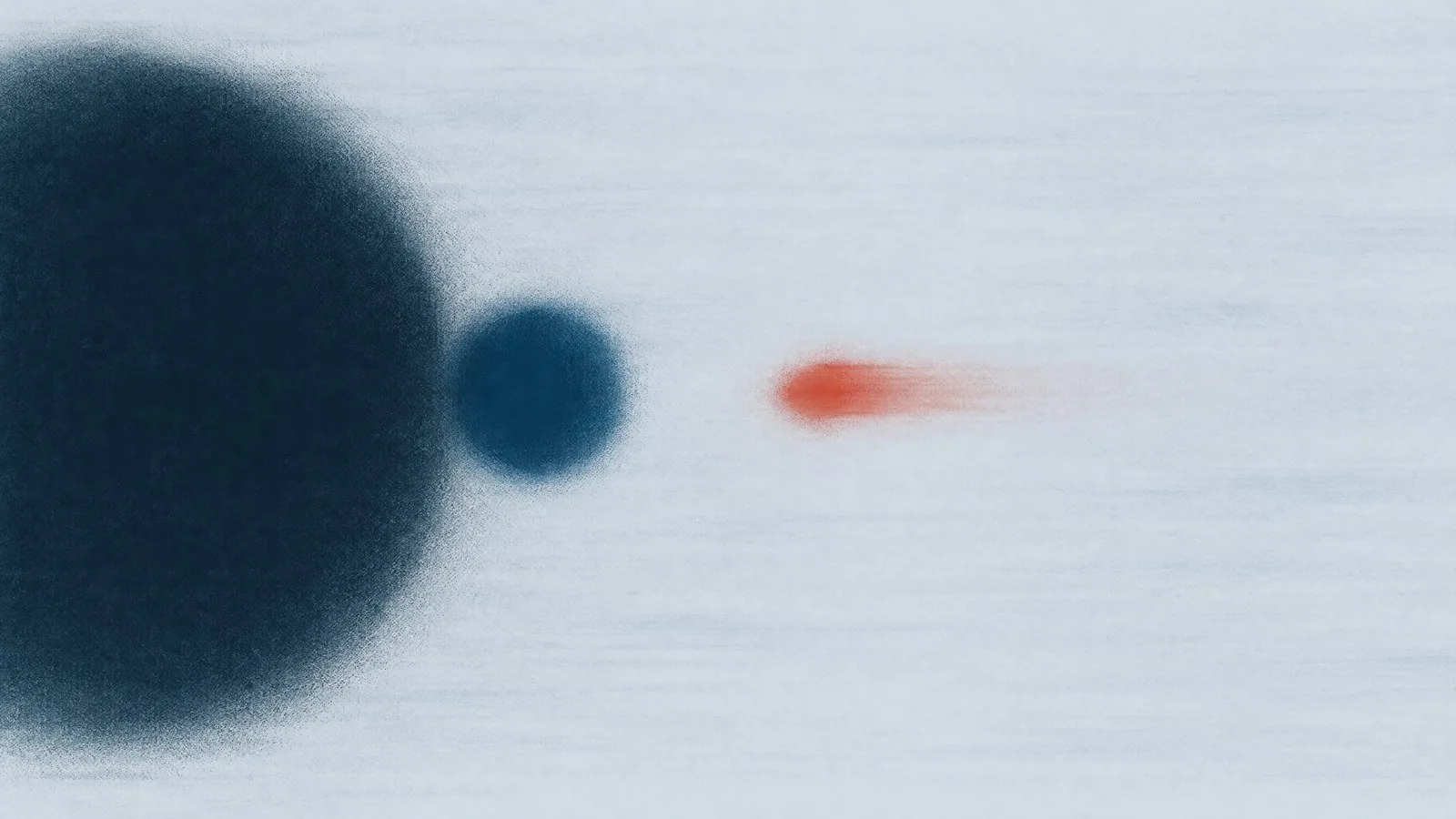 Abstract cover illustration for how the Wegovy pill works for men: a large dark navy circle, a small blue circle and a motion-blurred orange dot.