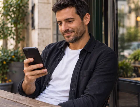 A man smiling at his phone at a cafe table