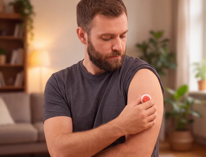 The at-home blood collection device on a man's upper arm